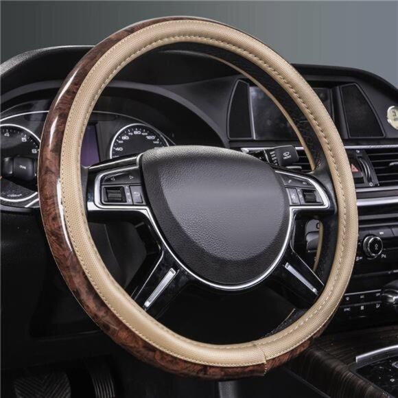 Wood Grain 14.5-15 inch Microfiber Leather Steering Wheel Cover, Anti-Slip - Picture 2 of 7